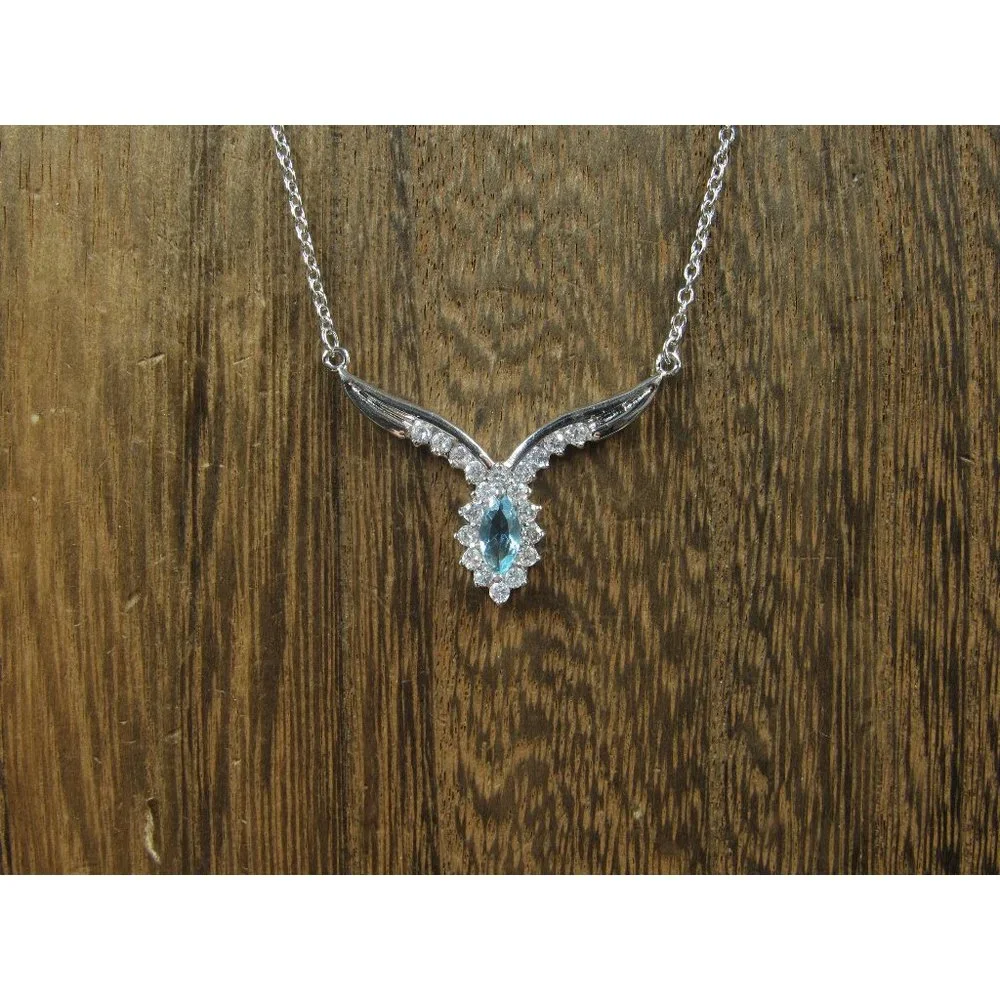 18" Sterling Silver Blue Marquise CZ With Clear Accents Necklace Vintage Minimal - Picture 1 of 6